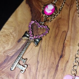 Tarina Tarantino Pink Swarovski Key Necklace with Cameo